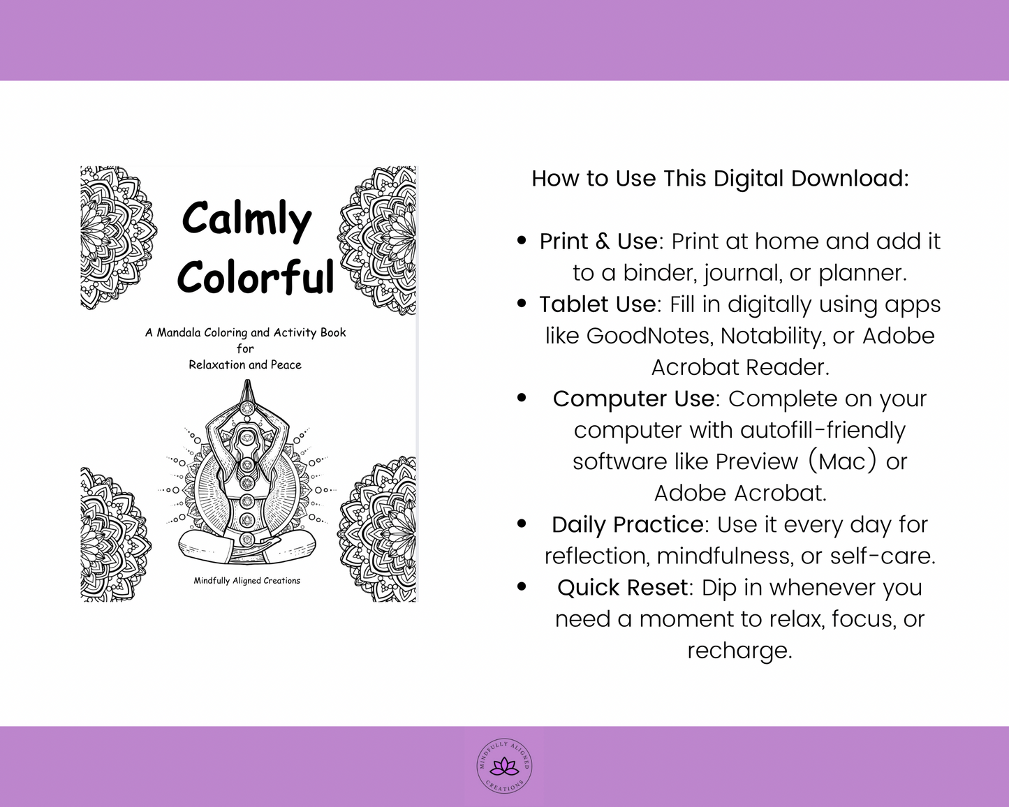 Calmly Colorful-A Mandala Coloring and Activity Book for relaxation and peace- Digital Download