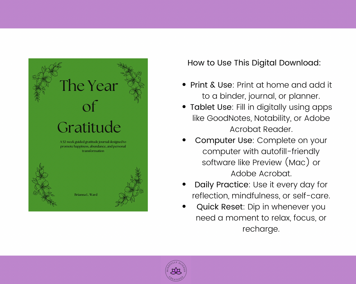 The Year of Gratitude- A 52-week guided gratitude journal designed to promote happiness, abundance, and personal development Digital Download- Green
