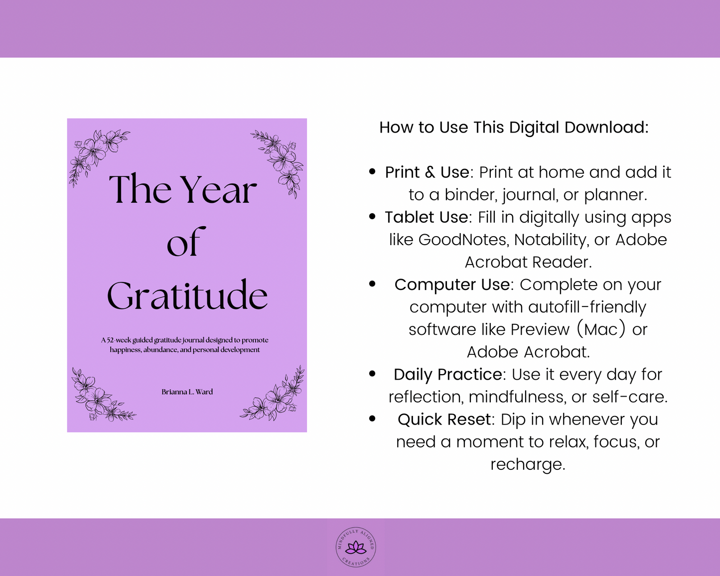 The Year of Gratitude-A 52-week guided gratitude journal designed to promote happiness, abundance, and personal development- Digital Download Lavender